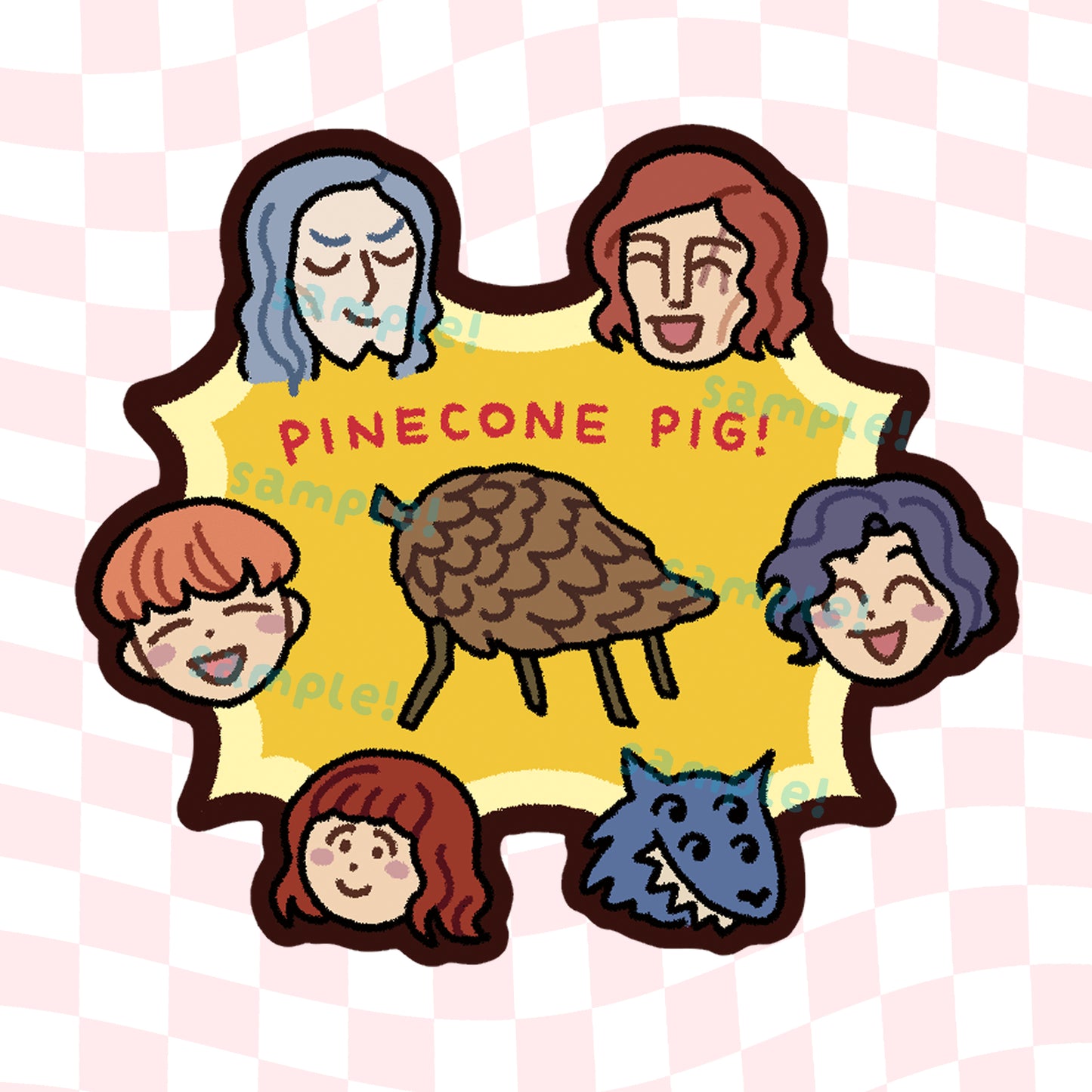 A sticker designed by marinewaltz of the pinecone pig from Fear and Hunger, surrounded by the approving faces of the cast. Enki, Ragnvaldr, D'arce, Cahara, The Girl and Moonless all look uncharacteristically happy.