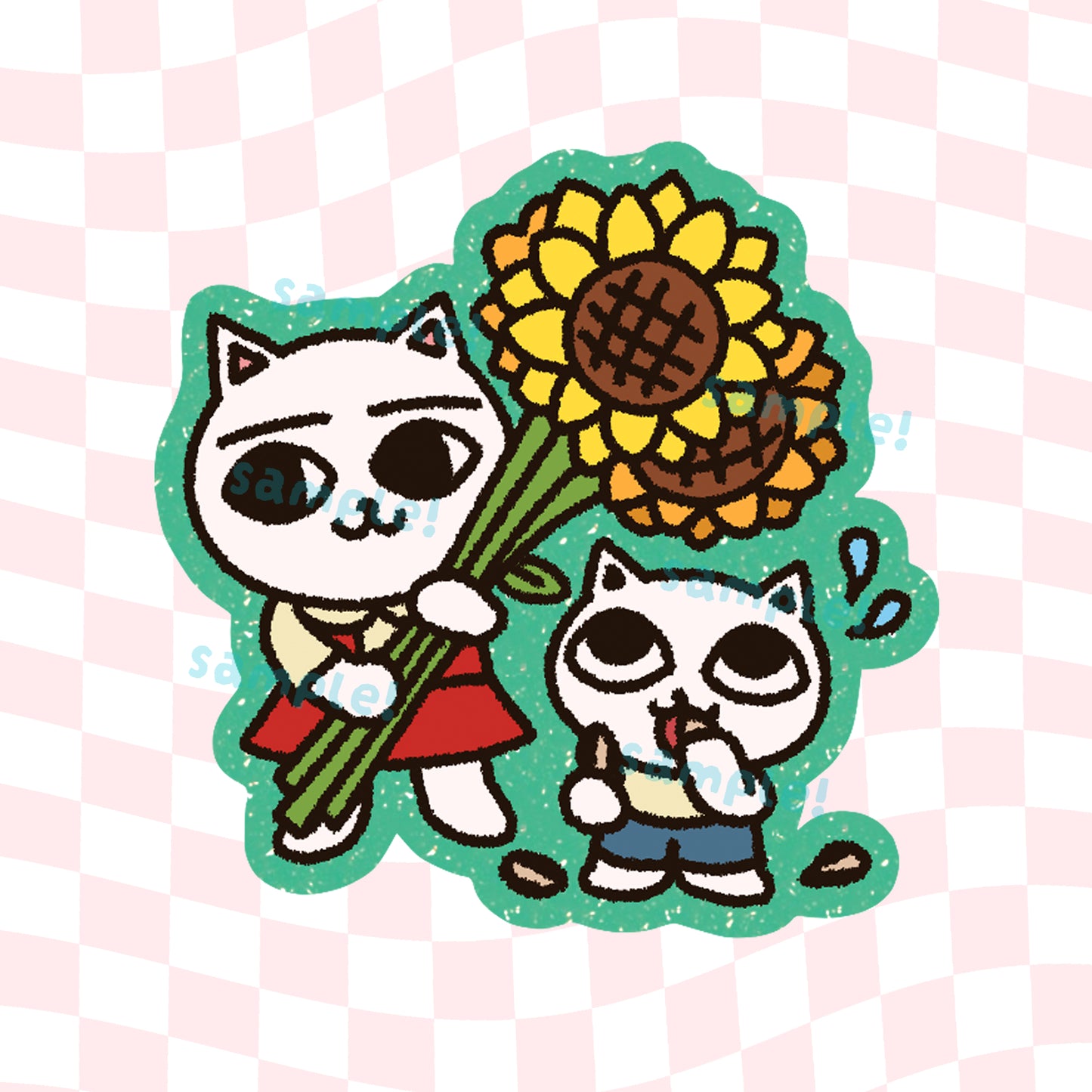 A sticker designed by marinewaltz of Nyako and Nyatta from Nekojiru Cat Soup. Nyako is holding huge sunflowers, while Nyatta is messily eating sunflower seeds that have been dropped on the ground.